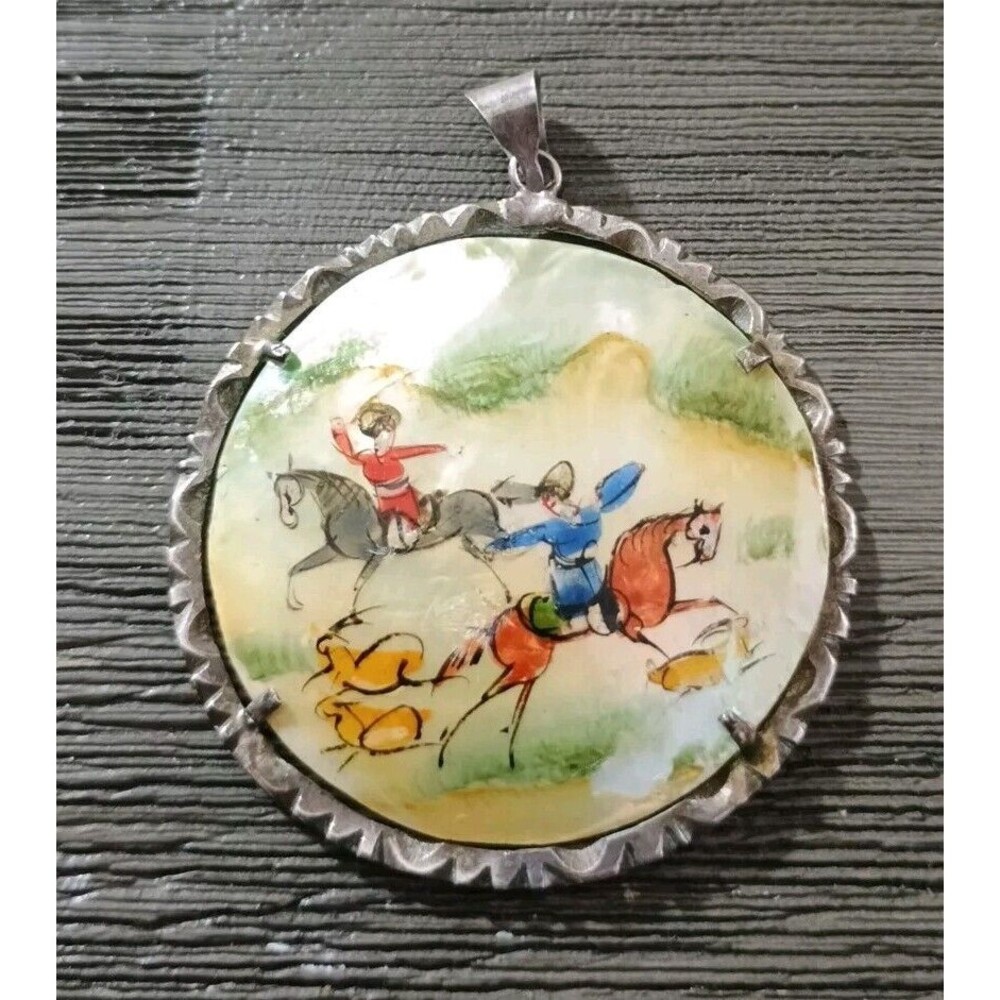 Persian Hand Painted Horses Mother Of Pearl Silver Vintage Pendant Tested